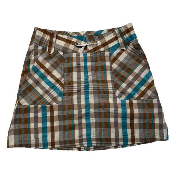 Patagonia Skirt Womens 2 BrownBlue Plaid Mini Drawstring Pockets Outdoors Hiking - Picture 1 of 8